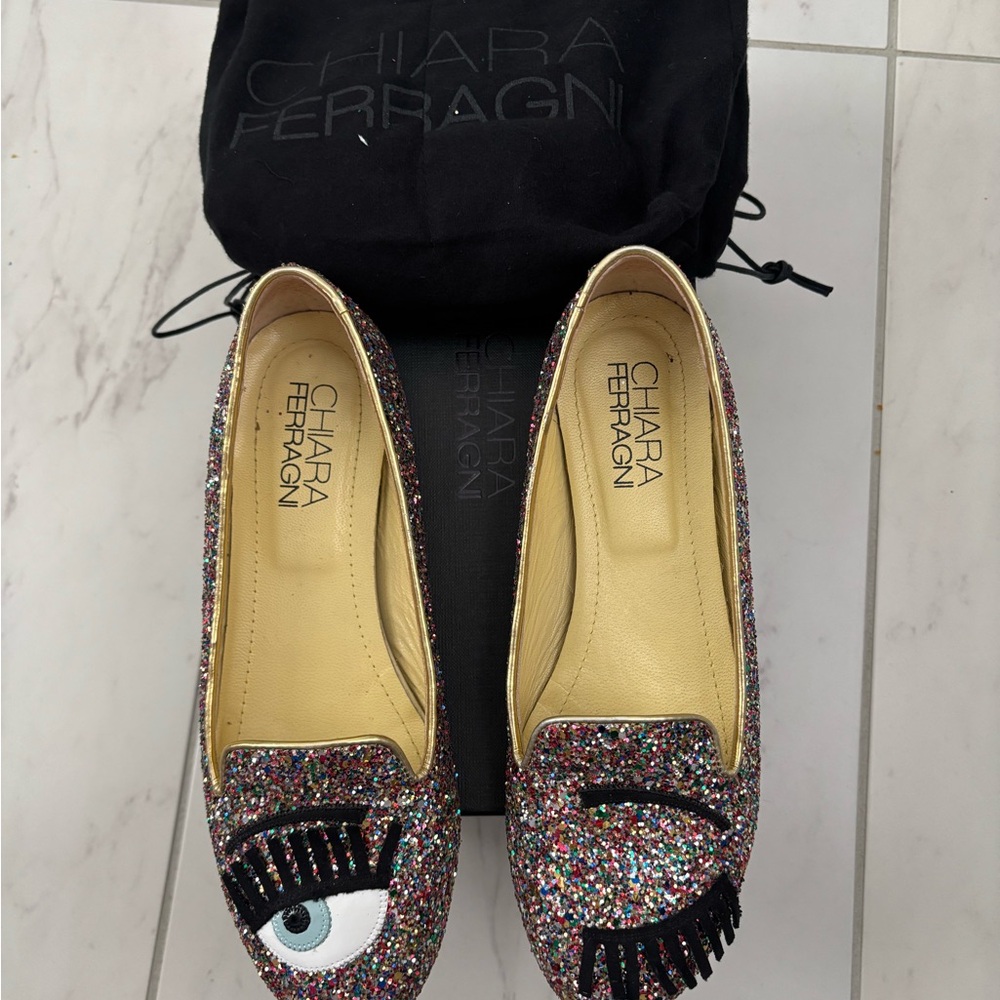 Chiara Ferragni Sparkly Pink Flats with Eye Motif